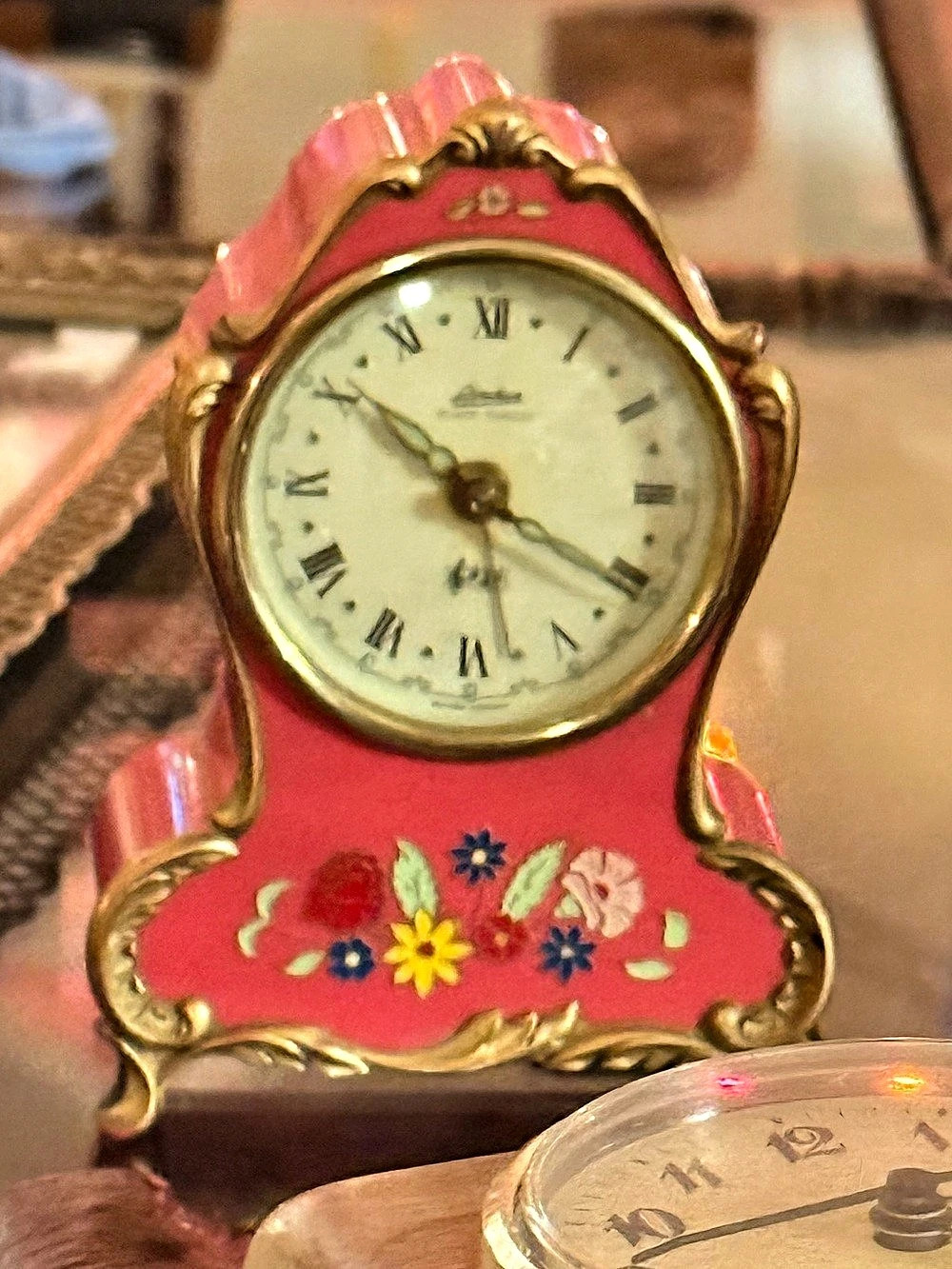 Vintage and whimsical Floral Red & Gold Decorative Clock